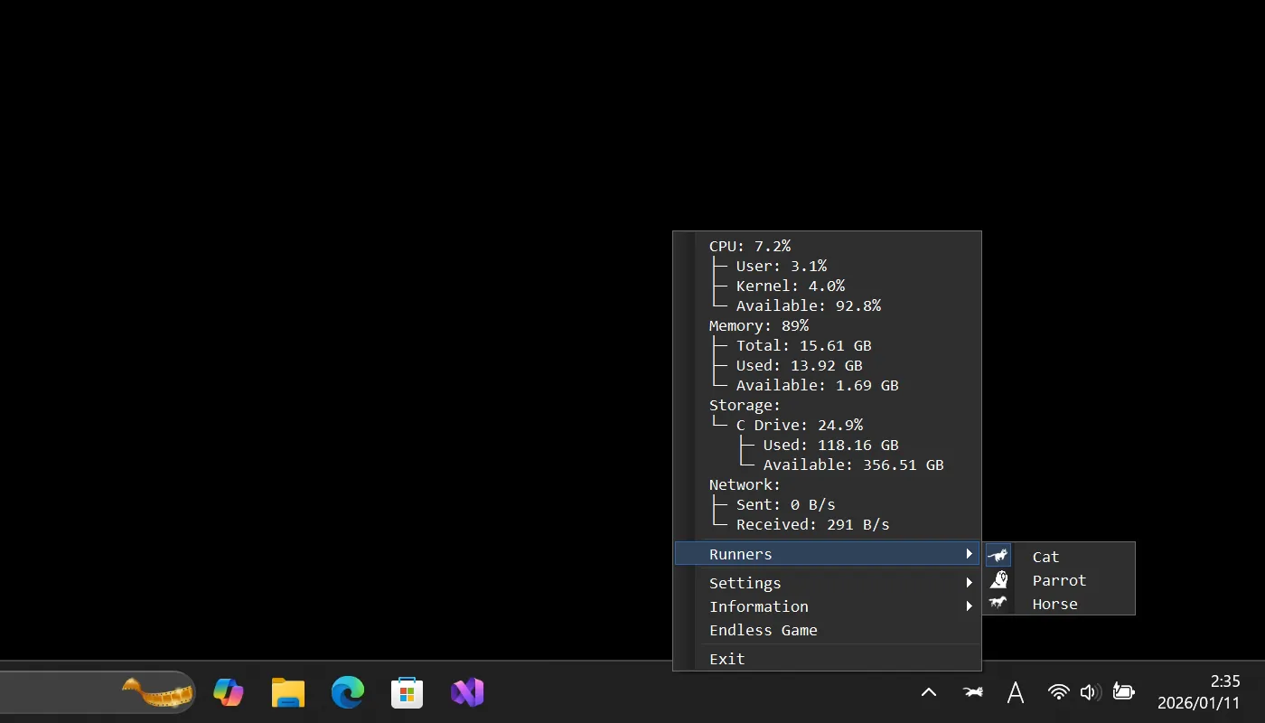 RunCat365 可以在 Windows 任务栏上可爱的猫咪奔跑动画